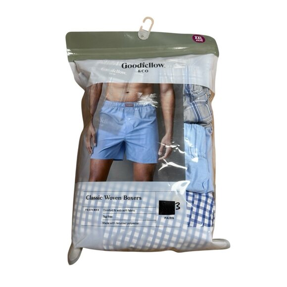 GOODFELLOW & CO 3 PAIR CLASSIC WOVEN BOXERS BLUE PLAID SOLID MENS XXL 44/46 - Picture 1 of 6